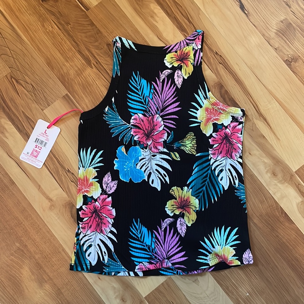 Justice Black Floral Ribbed Hineck Tank Top L (12/14) - Picture 6 of 8